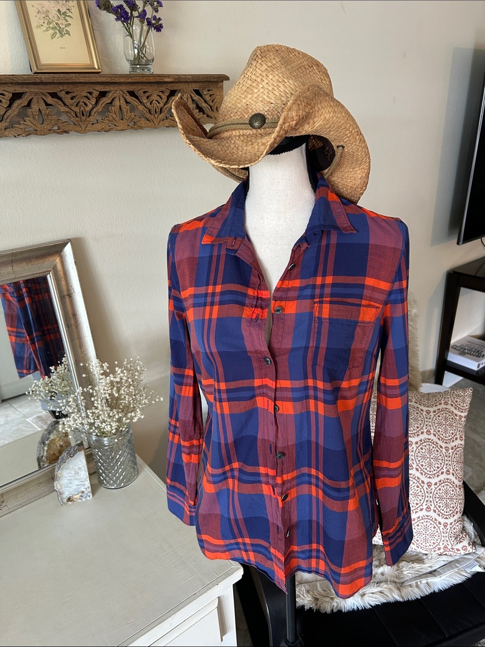 J. Crew Vtg navy orange maroon plaid classic western button down shirt S